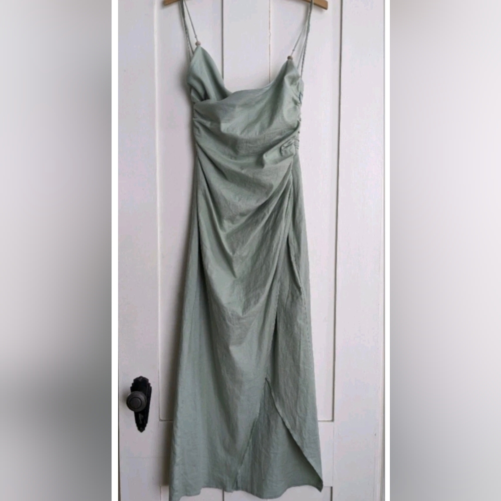 Zara Linen Wrap Dress Spaghetti Strap S Green Slit
